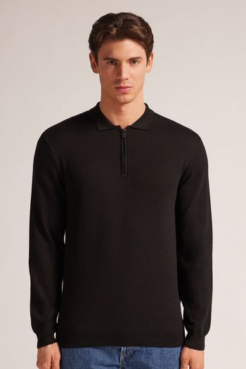 Polo De Manga Comprida Em Algodão Com Zíper - Preto P / Preto