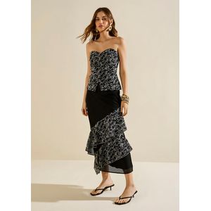 Saia Reta Cintura Alta Midi Tricoline Preta Morena Rosa