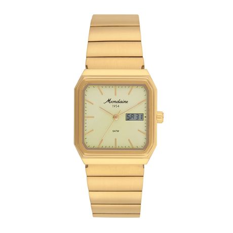 Relógio Masculino Quadrado Anadigi Em Aço Inox Dourado Mondaine Linha 1954