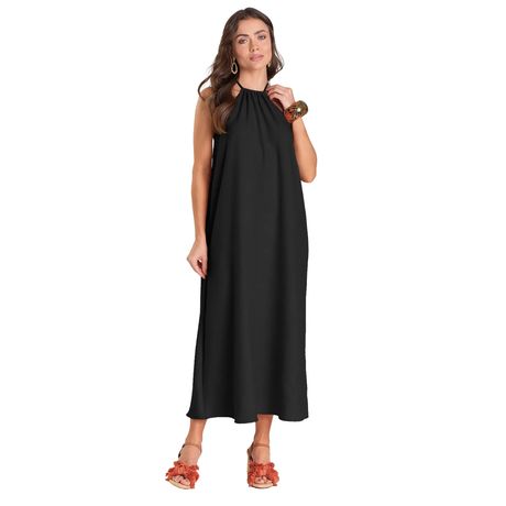 Vestido Feminino Midi Dianna Poli Linho Sarjado Sem Manga Preto