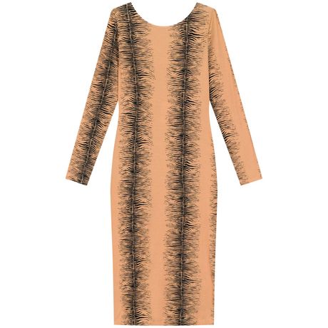 Vestido Midi Estampado Reto Canelado Manga Longa Caramelo