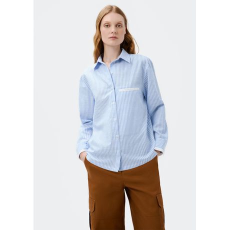Camisa Feminina Regular Fio Tinto Manga Longa Listrada Azul Claro