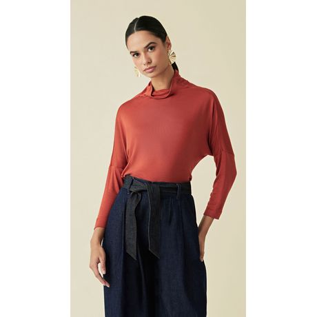 Blusa Maria.Valentina Gola Alta Manga Longa Básica Laranja Escuro