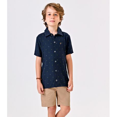 Conjunto Infantil Trick Nick Camisa Viscose Dobby Bermuda Sarja Azul Escuro E Bege Claro