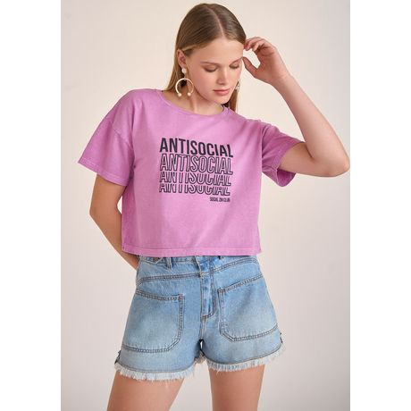 Camiseta Zinco Cropped Decote Redondo Manga Curta Lilás