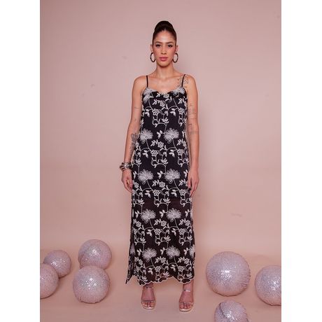 Vestido Longo Liocel Silk Alls Fenda Bordada Sem Manga Floral Preto Off White