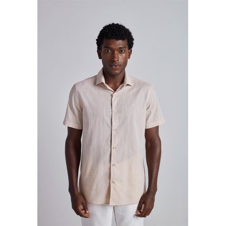 Camisa Slim Fit Slub Manga Curta Bege Claro