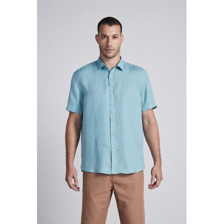 Camisa Comfort Manga Curta Lisa Linho Azul Turquesa
