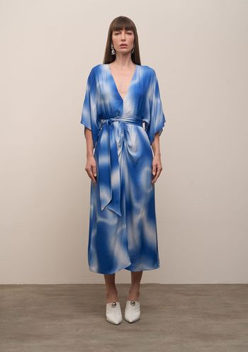 Vestido Iódice Solto Decote V Manga Curta Midi Azul P / Azul