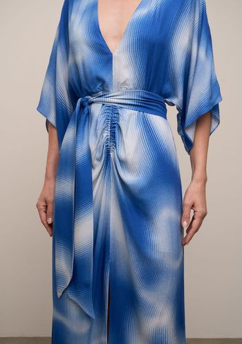 Vestido Iódice Solto Decote V Manga Curta Midi Azul P / Azul