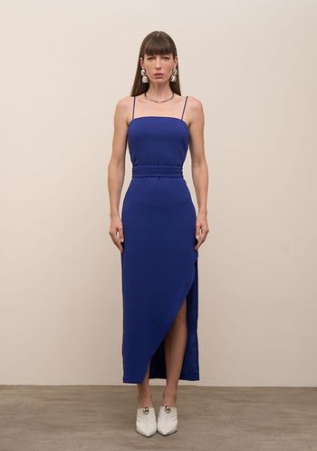 Vestido Iódice Ajustado Decote Reto Com Alça Longo Azul P / Azul