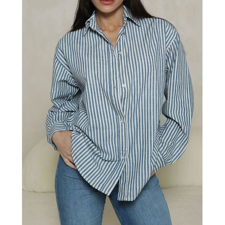 Camisa Feminina Listrada Oversized Manga Longa Azul Marinho