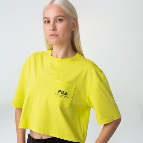 Camiseta Fila Pocket Street Express Feminina Cropped Oversized Manga Curta Amarelo Neon