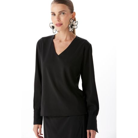 Blusa Decote V Traymon Modelagem Solta Tecido Plano Manga Longa