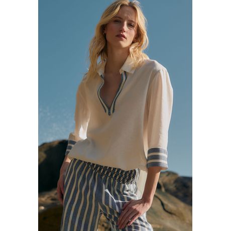 Camisa Com Linho Detalhes Navy Oversized Manga 3/4 Off White