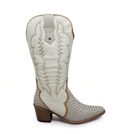 Bota Nashville Cano Longo Couro Texturizado Off White Caramelo