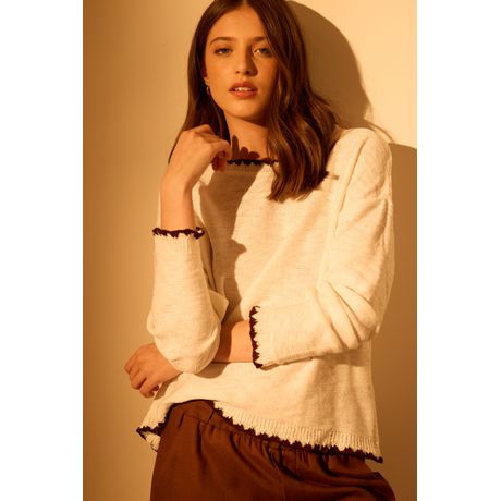 Blusa Tricot Detalhe Crochê Manga Longa Bege Claro