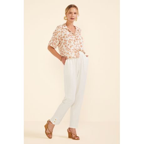 Calça Feminina Reta Viscolinho Botões Marialícia Bege