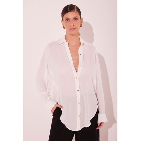 Camisa Oversized Visco Georgete Manga Longa Off White