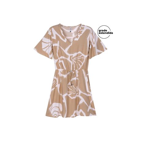 Vestido Curto Feminino Corais Marialícia Manga Curta Bege