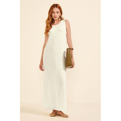 Vestido Feminino Longo Reto Malha Tricô Sem Manga Bege Marialícia