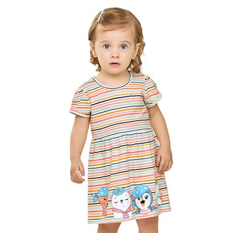 Vestido Bebê Menina Elian Listrado Curto Manga Curta Bege