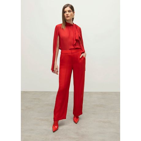 Calca Iódice Reta Cós Alto Com Nervuras Vermelho