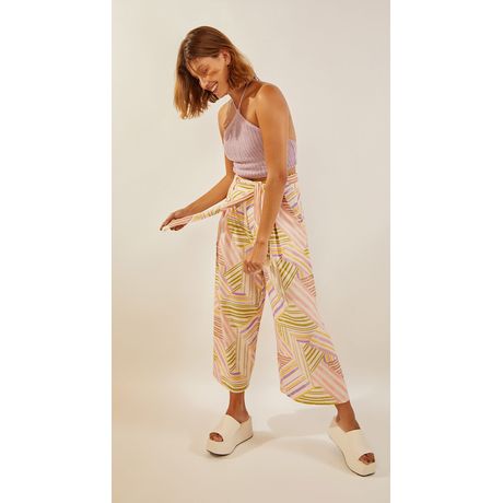 Calça Zinco Pantacourt Estampa Geométrica Cós Intermediário Com Amarração Bege