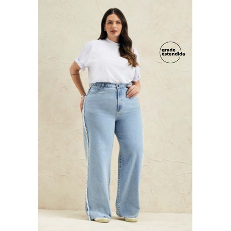Calça Feminina Wide Leg Franja Jeans Marialícia Azul Claro