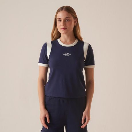 Blusa FILA Ribbed Letter Retro Feminina Manga Longa Azul Marinho