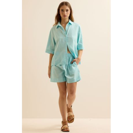 Short Com Linho Nassau Reto Turquesa