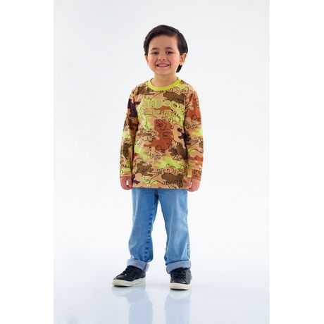 Camiseta Infantil Masculina Justa Meia Malha Manga Longa Camuflado Verde E Marrom