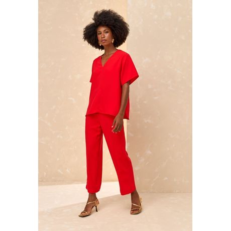 Blusa Decote V Solta Manga Curta Coral FR Simone Gomes