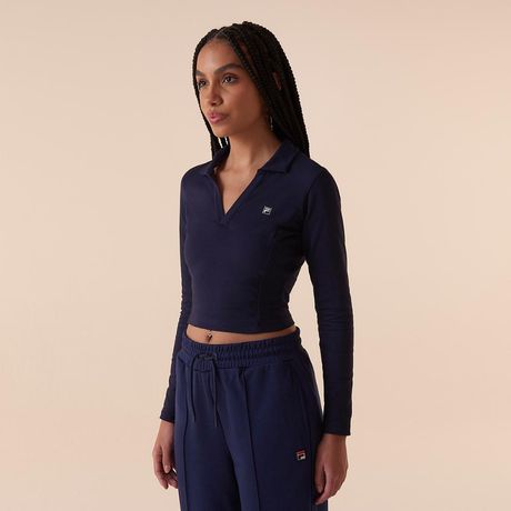 Polo Fila Ml Fit Letter Touch Cropped Manga Longa Azul Marinho