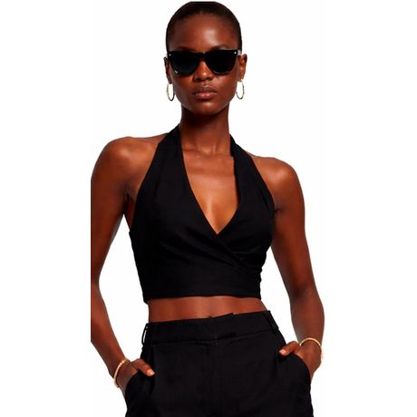 Blusa Cropped Frente Unica Transpassada Linho Bordo Alls