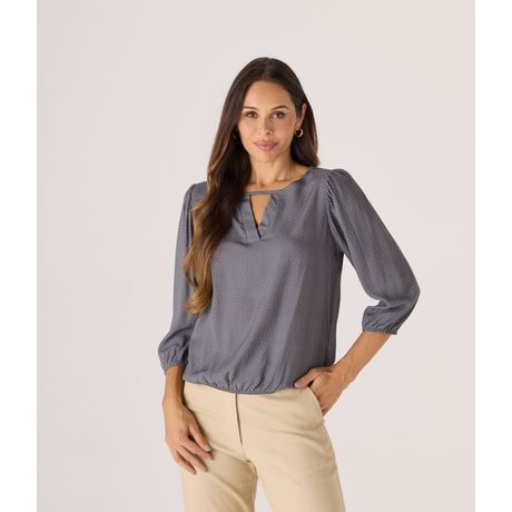 Blusa Makenji Manga Três Quartos Poá Cinza Escuro