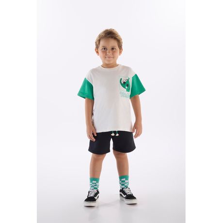 Três e Já Conjunto Infantil Camiseta Algodão e Bermuda Moletom Elefante