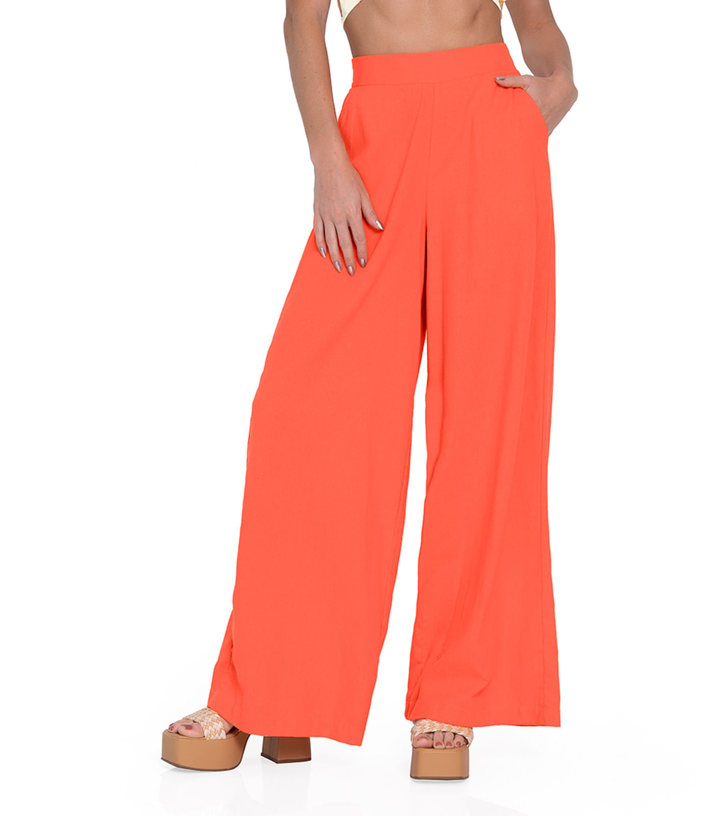 Calça Pantalona Em Linho Rovitex Laranja
