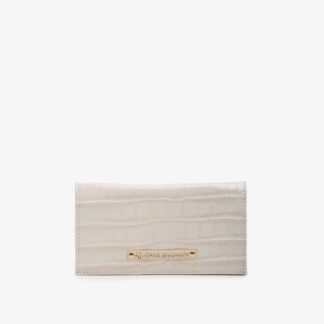 Carteira Envelope Off White Algodão Couro Croco
