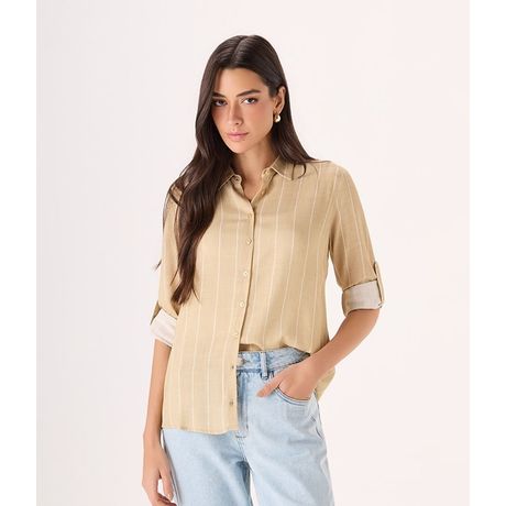 Camisa Makenji Manga Longa Listrada Feminina Bege