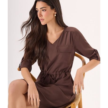 Vestido Makenji Bolsos Frente Com Lapela E Bolsos Feminino Marrom