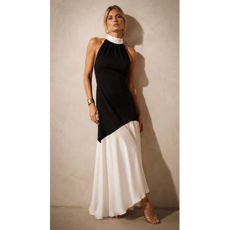 Vestido Longo Halter Neck Com Faixa Cinto Bicolor