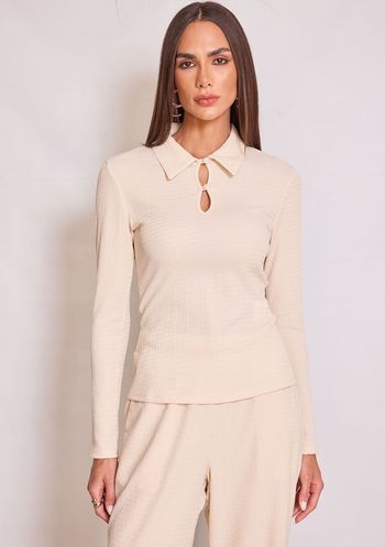 Blusa Zinco Ajustada Gola Clássica Manga Longa Padrão PP / Bege