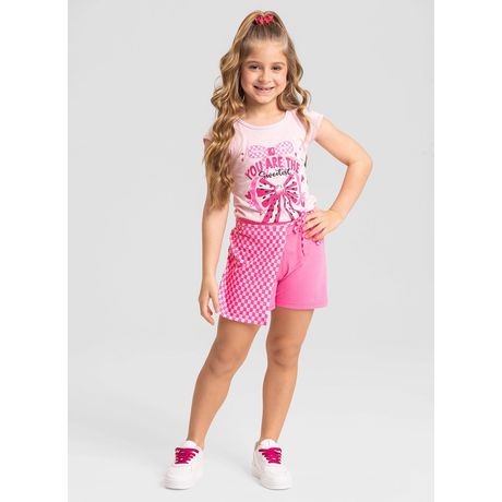 Conjunto Verão Menina Rosa Blusa e Shorts Saia Laço Melancia