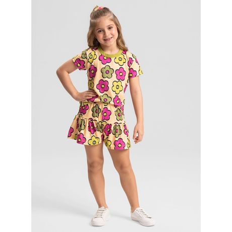 Conjunto Verão Menina Amarelo T-shirt Over e Shorts com Babado Flores