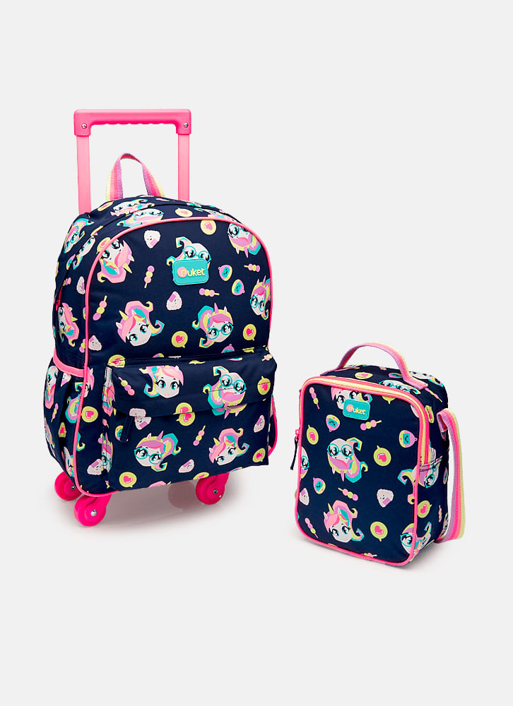 Kit Mochila Escolar com Rodinha e Lancheira Unic rnio Kawaii