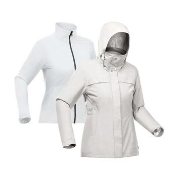 Jaqueta Feminina Impermeável de Trekking Travel 100 3 em 1 P / Cinza
