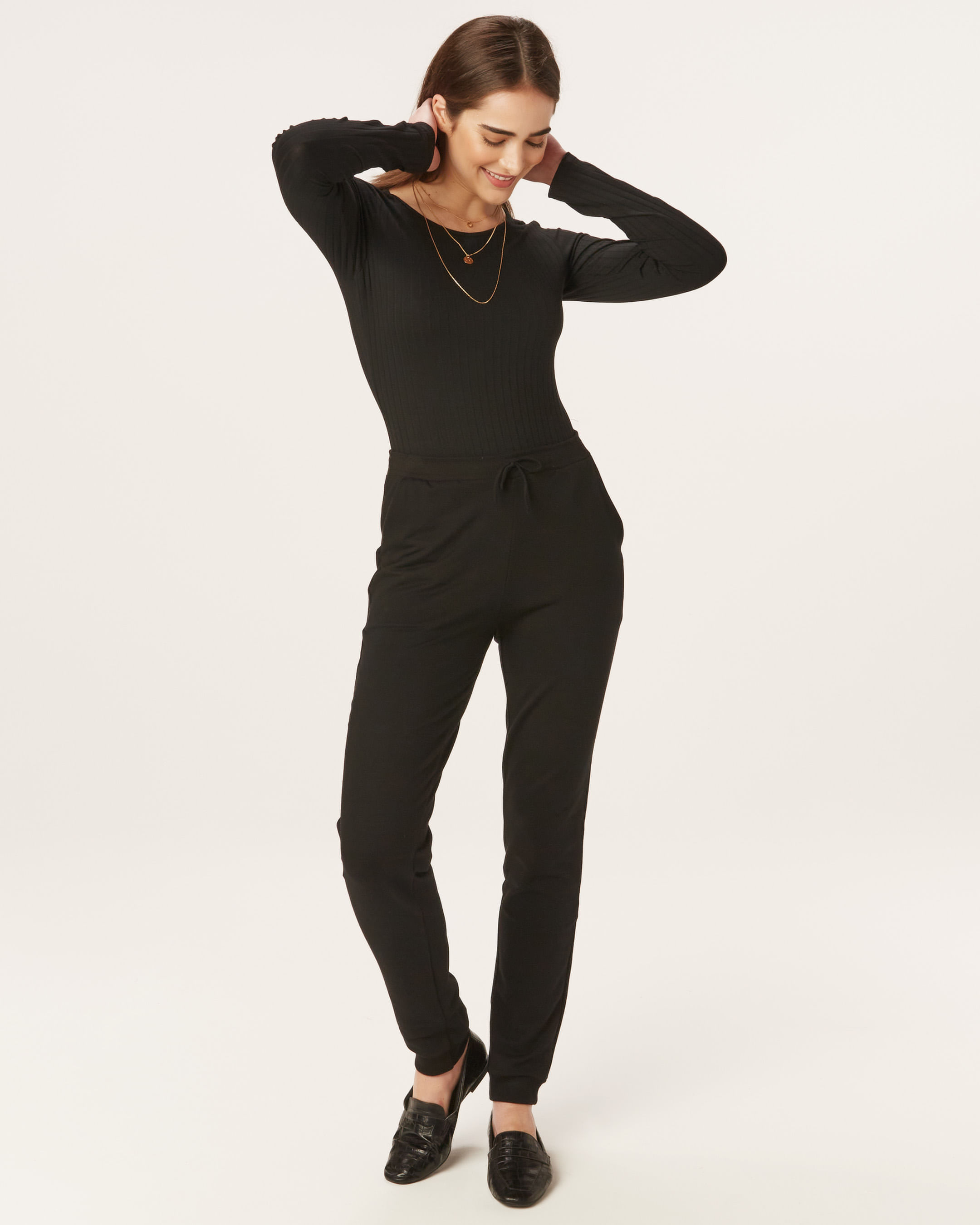 Calça Básica Feminina Com Bolso Moletom Flanelado