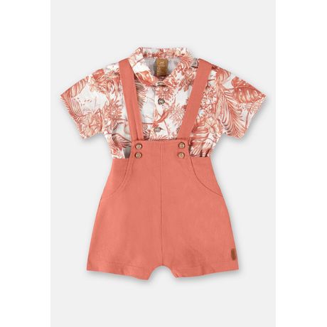 Conjunto Bebê Menino Jardineira Linho Body Camisa Manga Curta Estampa Floral Up Baby