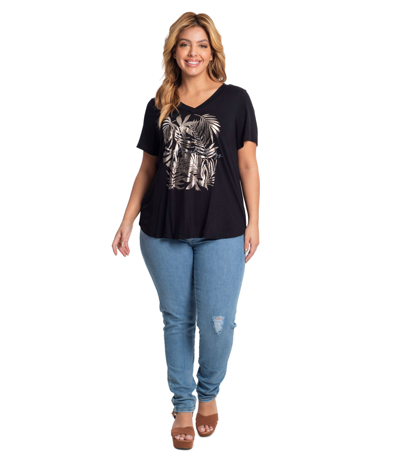 Blusa Plus Size Alongada Folhagens Secret Glam Preto Privalia